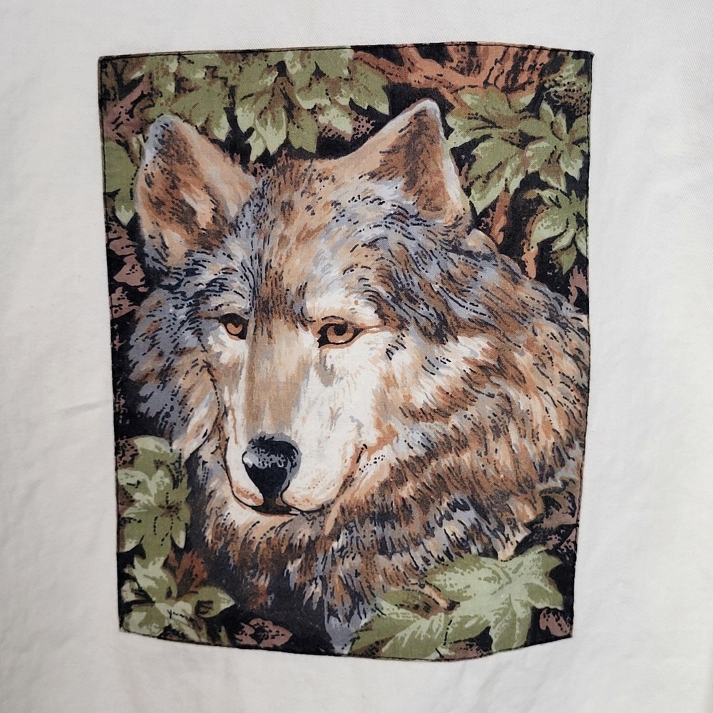 Vtg 1990s CRT Wolf Applique Shacket Sz L Cream Denim Western Rustic Jacket - Picture 4 of 9
